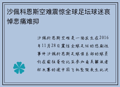 沙佩科恩斯空难震惊全球足坛球迷哀悼悲痛难抑